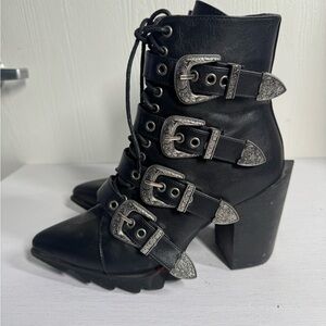La Moda Black Leather Ankle Boots with Buckle Detail